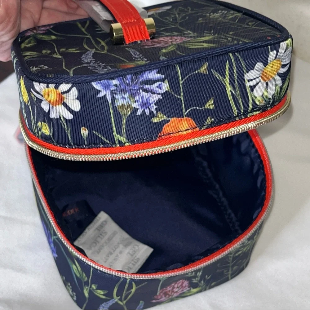 Estee Lauder Floral Print Double Zip Orange Top Handle Wristlet Mini Square Bag